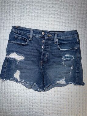 Old Navy Dark Distressed Denim Cutoff Shorts: Sky-Hi A-Line, Higher High Rise